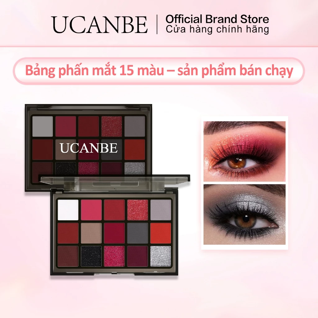 Bảng mắt UCANBE 15 màu đỏ burgundy – đủ lì, nhũ, kim loại, glitter – sắc tố cao, đẹp cho Joker, Halloween, Giáng sinh