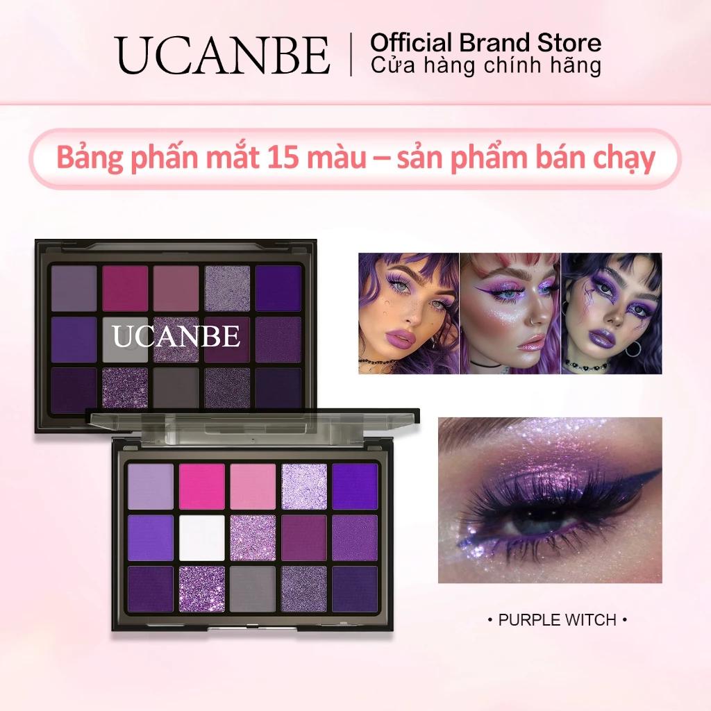 UCANBE Bảng Trang Điểm Phấn Mắt Tím, 15 Màu Đen Khói Shimmer Matte Kim Loại Lấp Lánh Tím Oải Hương Hồng Trang Điểm Bộ Trang Điểm Cho Cosplay Halloween Ursula Trang Phục Phù Thủy Dự Tiệc