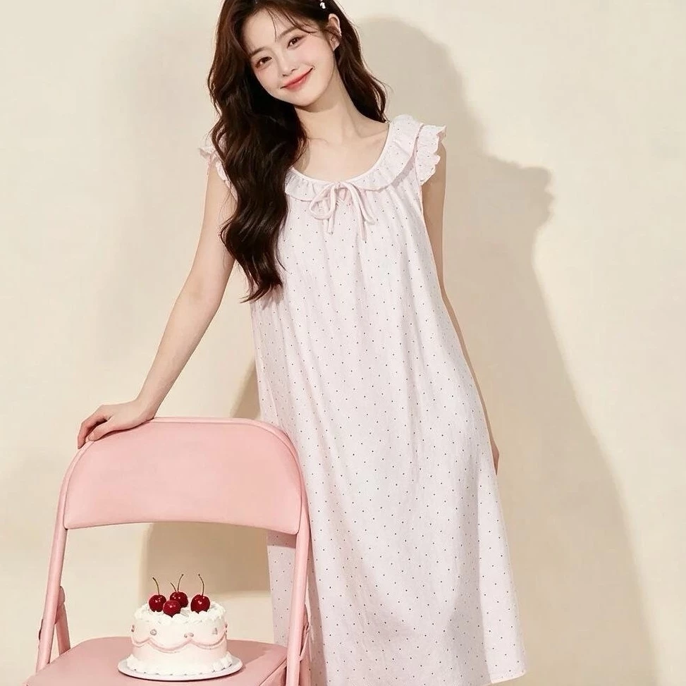 Đầm ngủ công chúa ren tay không dáng dài mùa hè - Họa tiết chấm bi hồng xinh yêu, phong cách Hàn Quốc ngọt ngào cho teen nữ