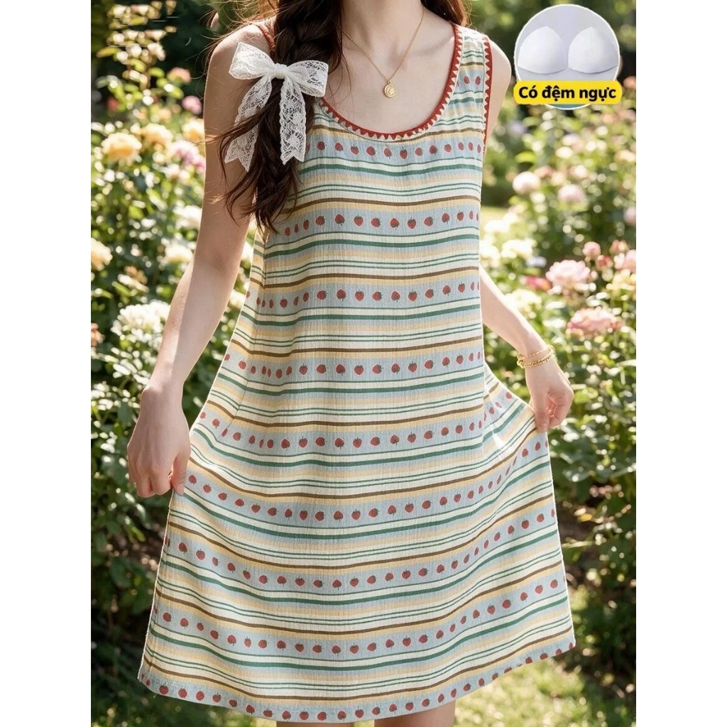 【Có đệm ngực】Đầm ngủ chấm bi màu sắc mùa hè ngọt ngào - Dáng rộng thoải mái cotton nguyên chất, mặc ở nhà hay đi chơi đều đẹp cho nữ sinh
