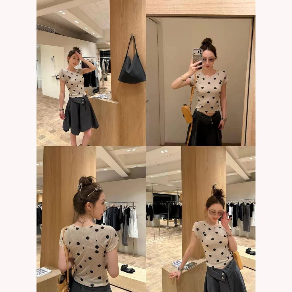 [Seeyou studio] Áo thun chấm bi cổ tròn đa năng thiết kế Hàn Quốc, Áo thun ngắn tay thanh lịch dáng rộng giản dị mùa hè dành cho nữ6182