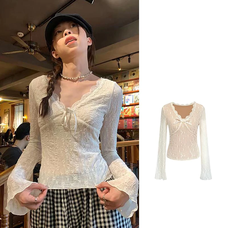 [Seeyou studio] Lớp đế dài tay cổ chữ V ren thanh lịch dành cho nữ, Top3191 thông thường đa năng thời trang