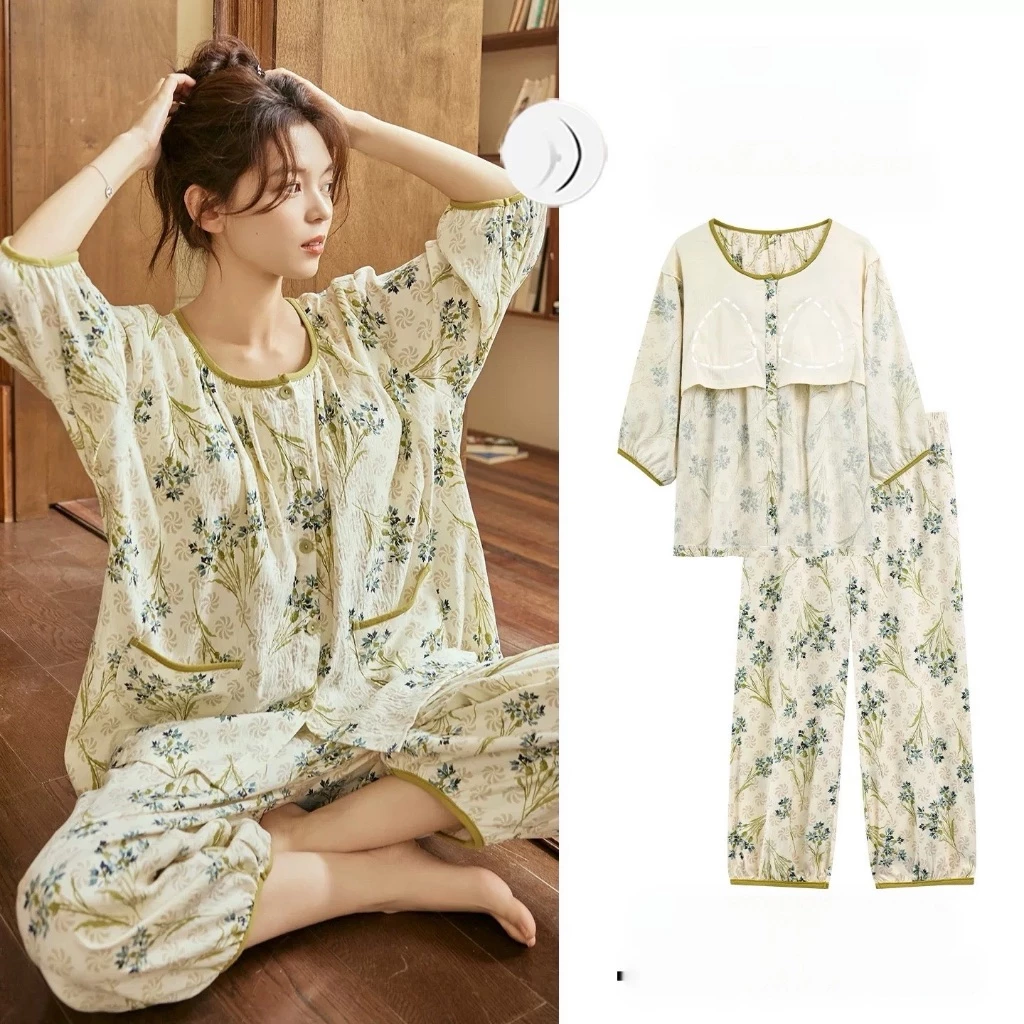 【Có đệm ngực】Bộ đồ ngủ hè cotton mát mịn – in họa tiết hoa nhỏ xinh xắn, dáng rộng mặc thoải mái, có thể diện ra ngoài cực dễ thương, thời trang nữ yêu thích