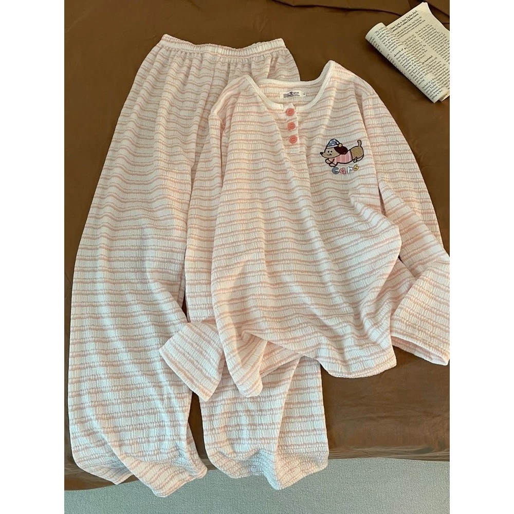 Hoạt Hình Chó Pyjama Nữ Sọc Cổ Tròn Rời Bộ Quần Áo Nhà