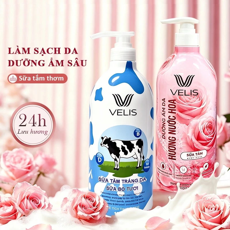 Sữa tắm hoa hồng VELIS-1200ml dưỡng ẩm sâu, tạo bọt mịn màng và sạch sẽ bảo vệ da
