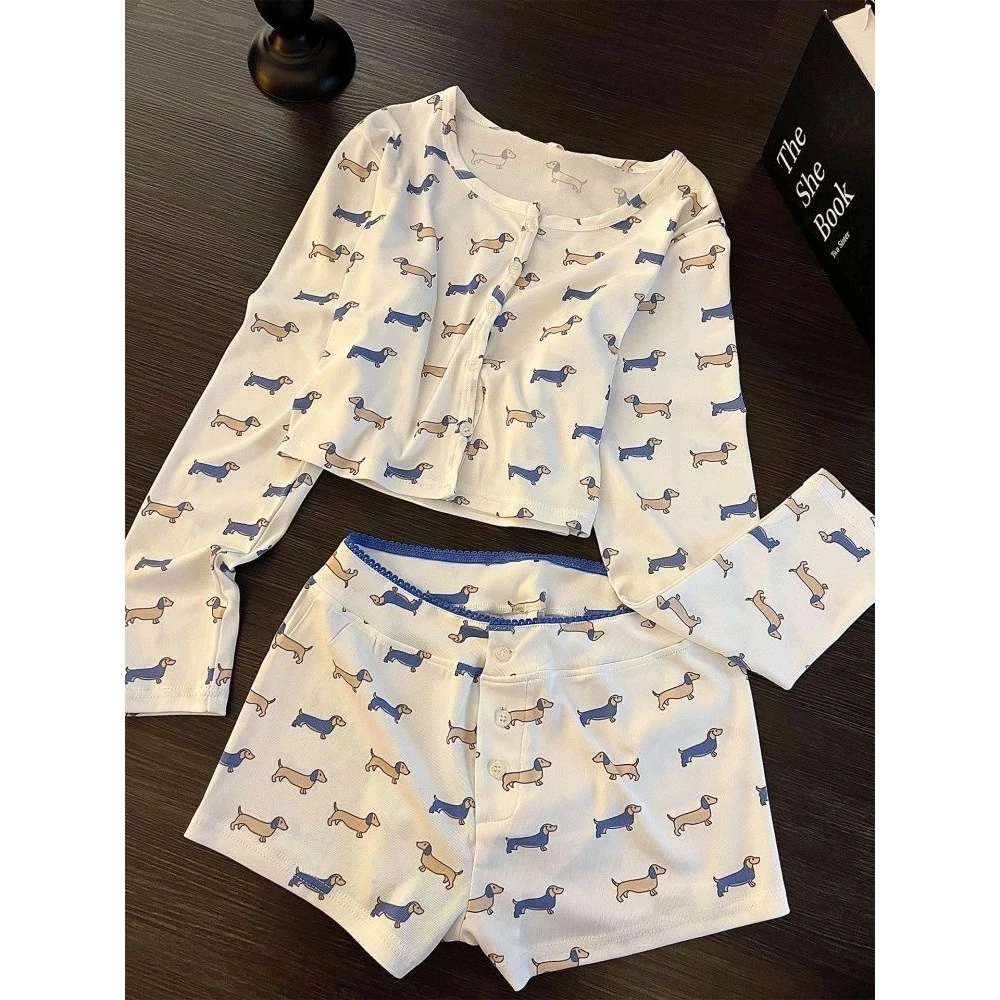 Phim hoạt hình chó cardigan đồ ngủ nữ dài tay quần short nhà