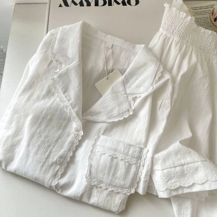 Màu trơn ngọt ngào ren cạnh đồ ngủ nữ mỏng dáng rộng cardigan bộ đồ gia đình