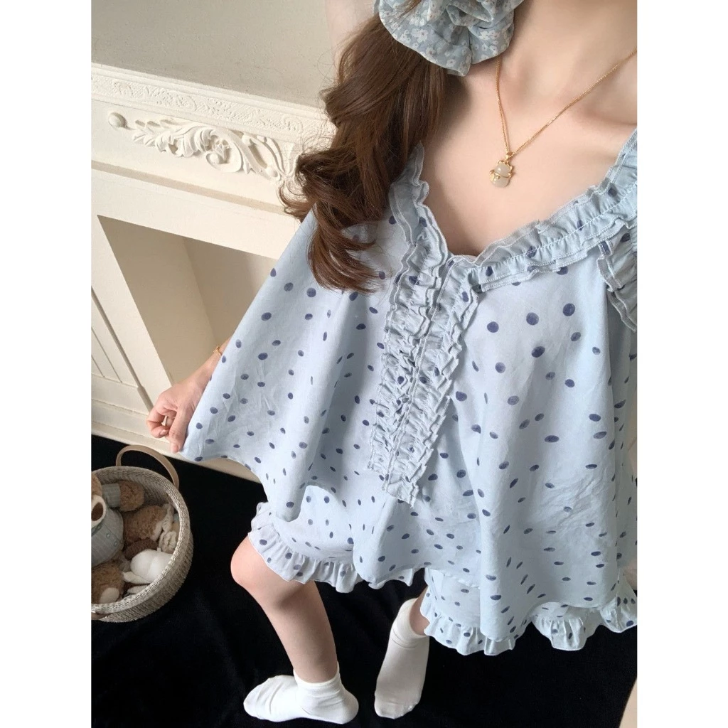 Đồ ngủ chấm bi xanh dành cho nữ Bộ ren ngọt ngào quần áo gia đình
