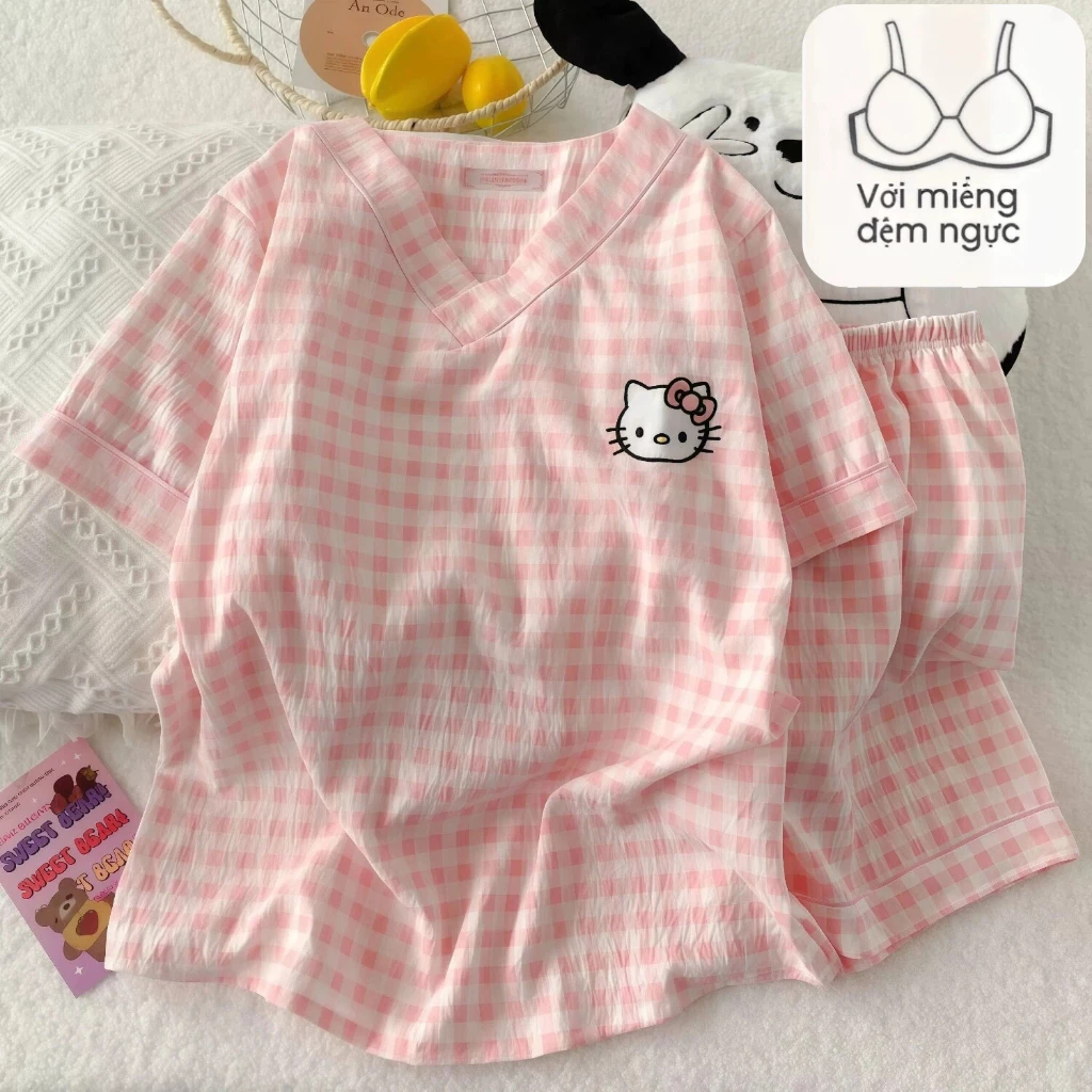 【Mã giảm giá-MI3PF738】Bộ Đồ Ngủ Nữ Chất Vải Mây (Cloud Cotton) Mùa Hè Có Đệm Ngực - Áo Thun & Quần Short Họa Tiết Hoạt Hình Dễ Thương, Form Rộng Thoải Mái, Mặc Nhà & Đi Chơi