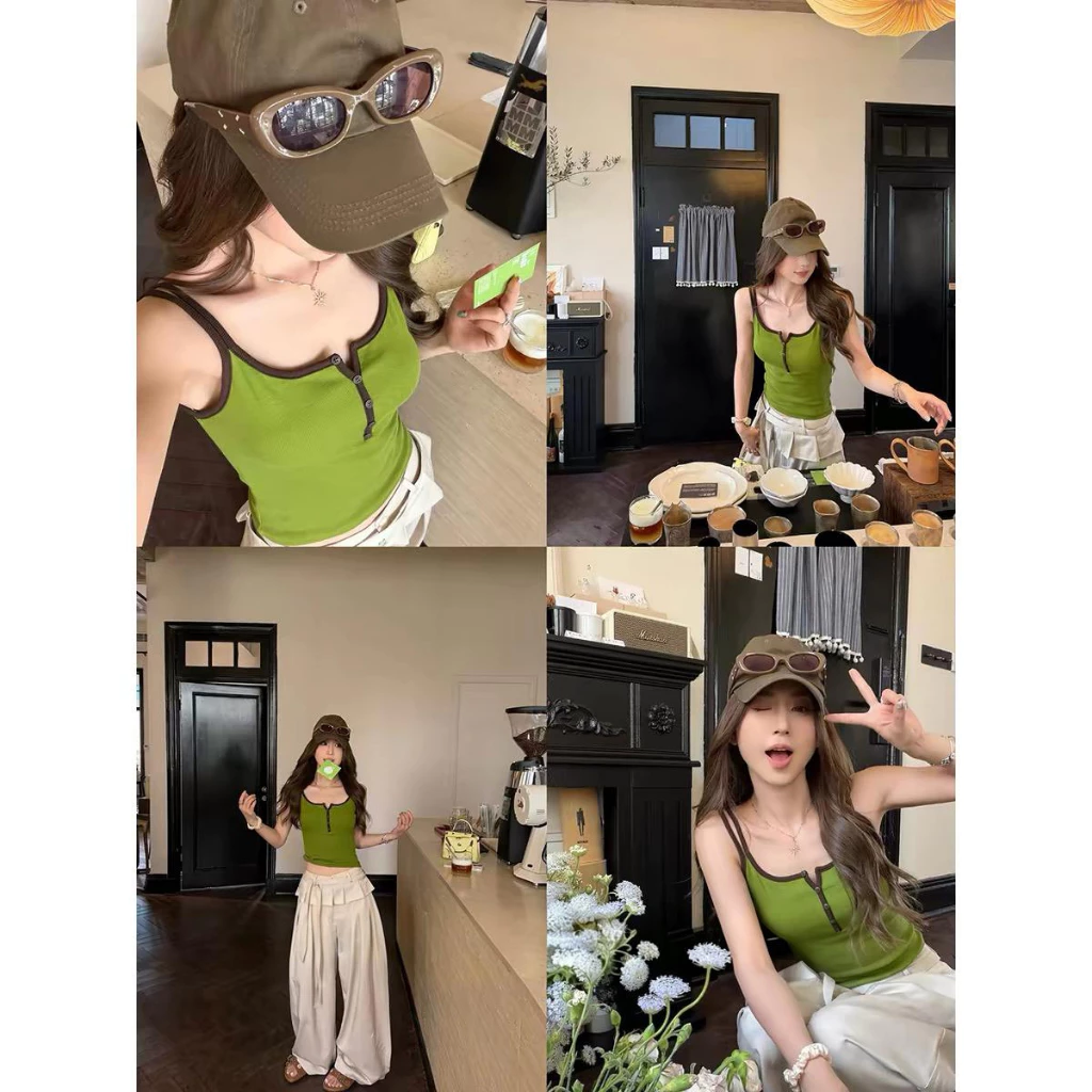 [Seeyou studio] 2026 Áo hai dây mềm mại gợi cảm tối giản Hàn Quốc mùa hè mới, Áo ba lỗ mỏng sành điệu với nút tương phản nửa giá6377