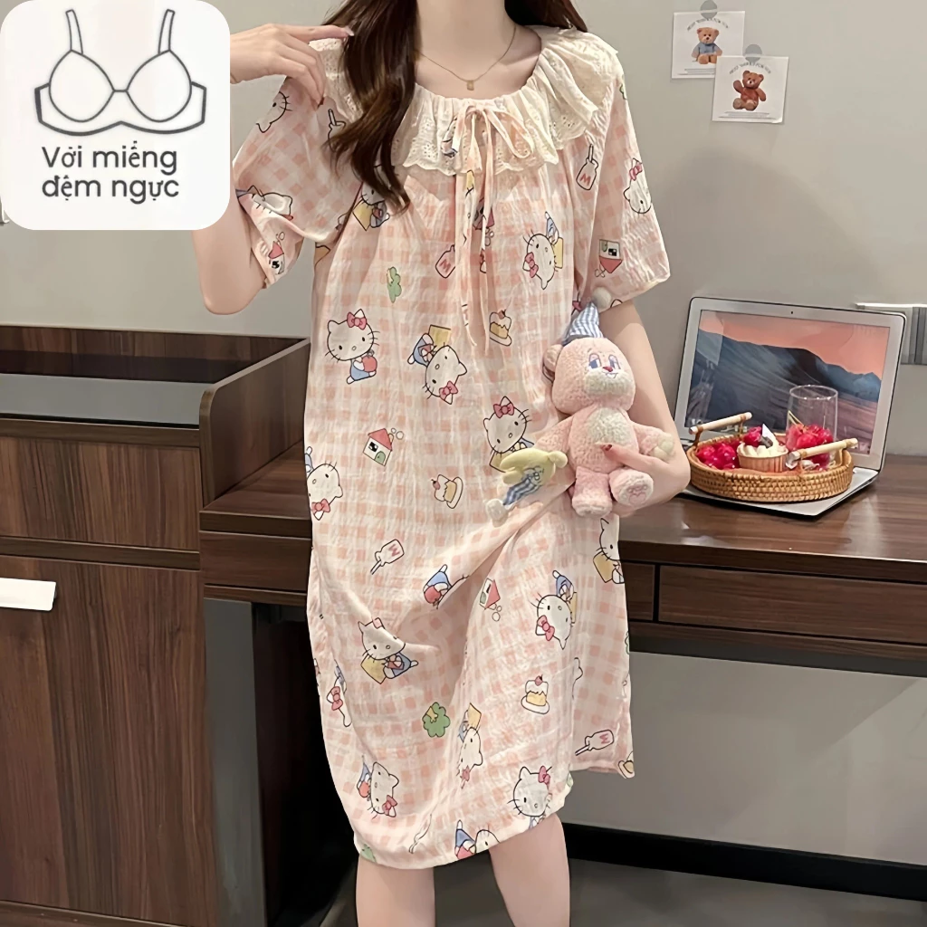 Phiên Bản Hàn Quốc Mùa Hè Có Miếng Lót Ngực Cổ Búp Bê Váy Ngủ Tay Ngắn Nữ Hoạt Hình Dễ Thương Chó Con Homewear Bộ Đồ Ngủ
