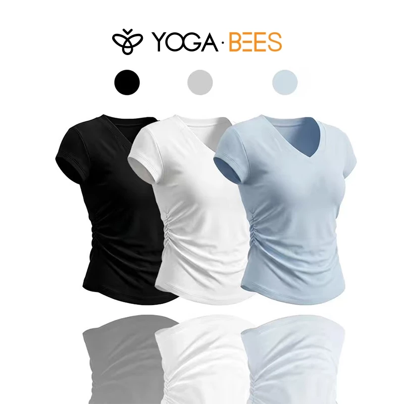 YOGA BEES Áo thun ngắn tay cổ chữ V mềm mại dành cho nữ, co giãn, thoáng khí, khô nhanh, tập yoga không tay, tập thể dục, chạy bộ, xếp lớp cơ bản hàng ngày, 3 Col