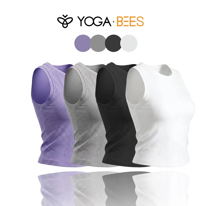 Áo Vest ngắn cổ rộng sọc dọc dành cho nữ Yoga Bee Slim, mềm mại, co giãn, thoáng khí Yoga không tay, tập thể dục, chạy bộ, thể thao, xếp lớp thông thường, 4 màu
