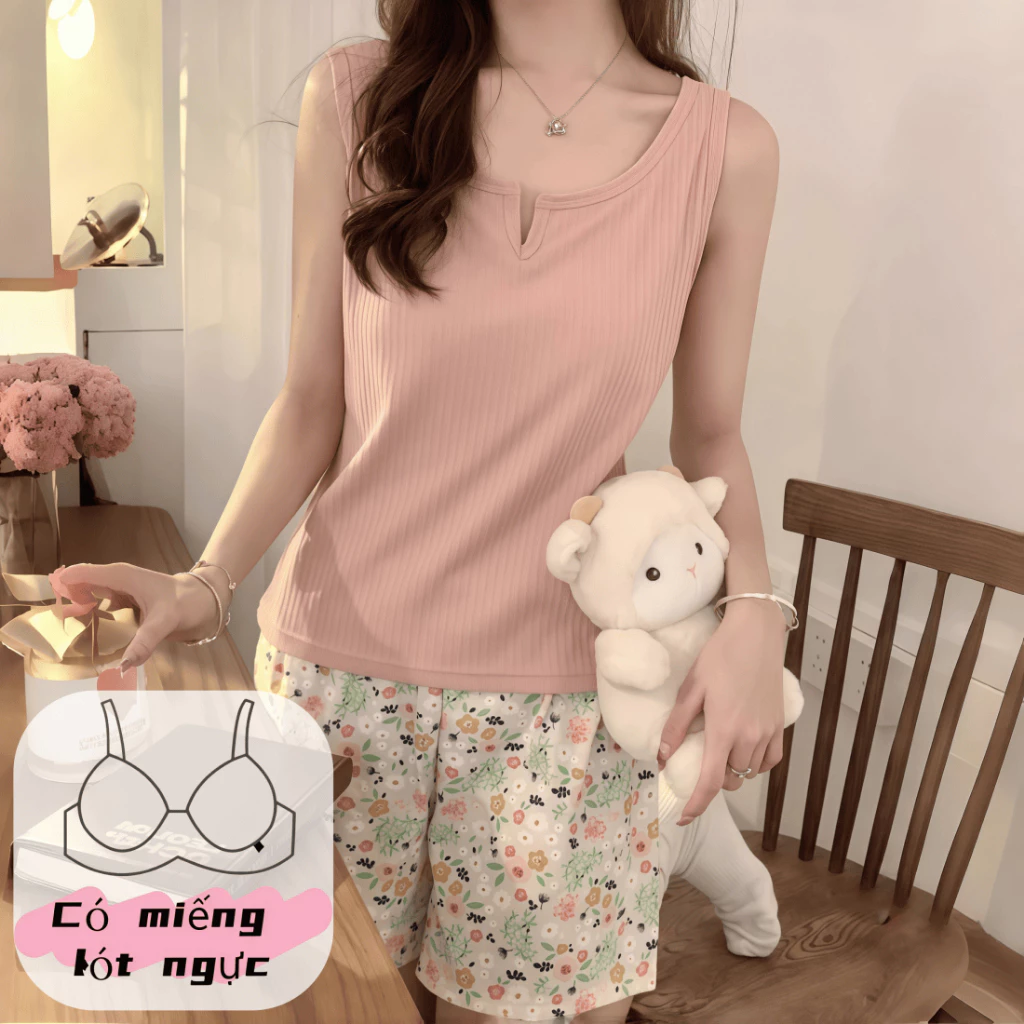 Bộ đồ ngủ nữ mới xuân hè 2026: Áo dây quai cổ V + quần đùi cotton mềm mại, in sọc ngang màu trơn【mặc nhà hay đi chơi đều xinh】