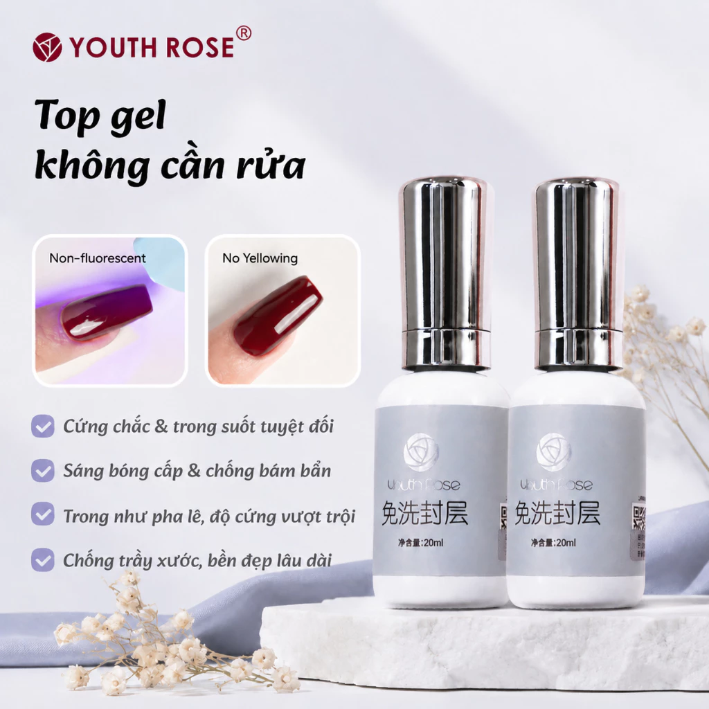 YouthRose Lớp Niêm Phong 20ml 2 Chai Top Coat Không Lau, Tạo Bóng, Chống Trầy, Bền Màu