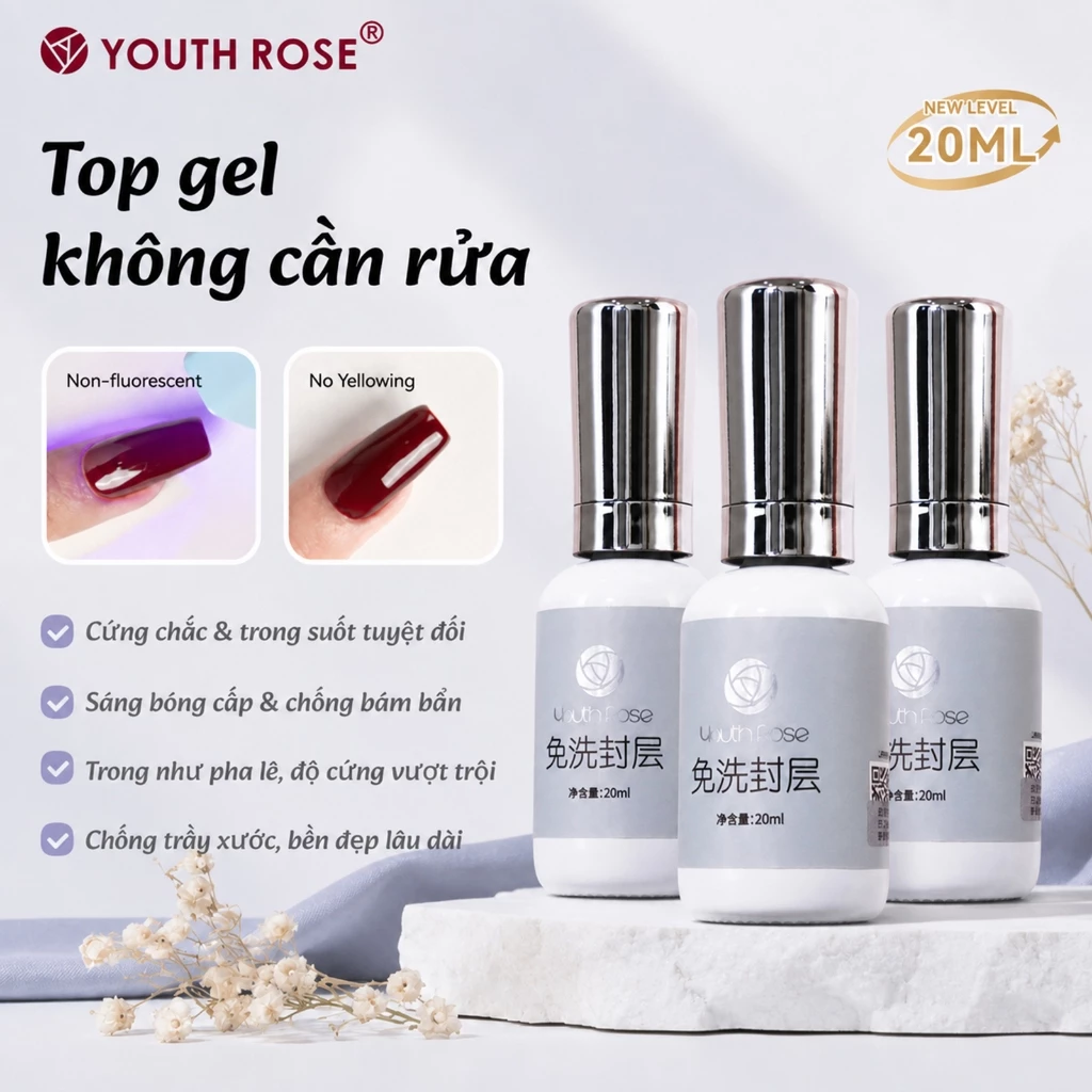 YouthRose Lớp Niêm Phong 20ml 3 Chai Top Coat Không Lau, Tạo Bóng, Chống Trầy, Bền Màu