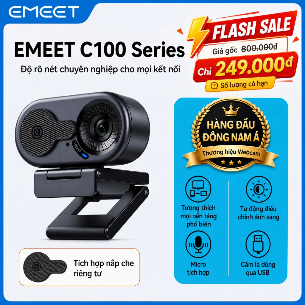 Webcam EMEET 1080P / 2K / 4K C100 có Mic & Bảo mật. Plug & Play, dành cho lớp học trực tuyến cho trẻ em / công việc từ xa / cuộc họp / Zoom