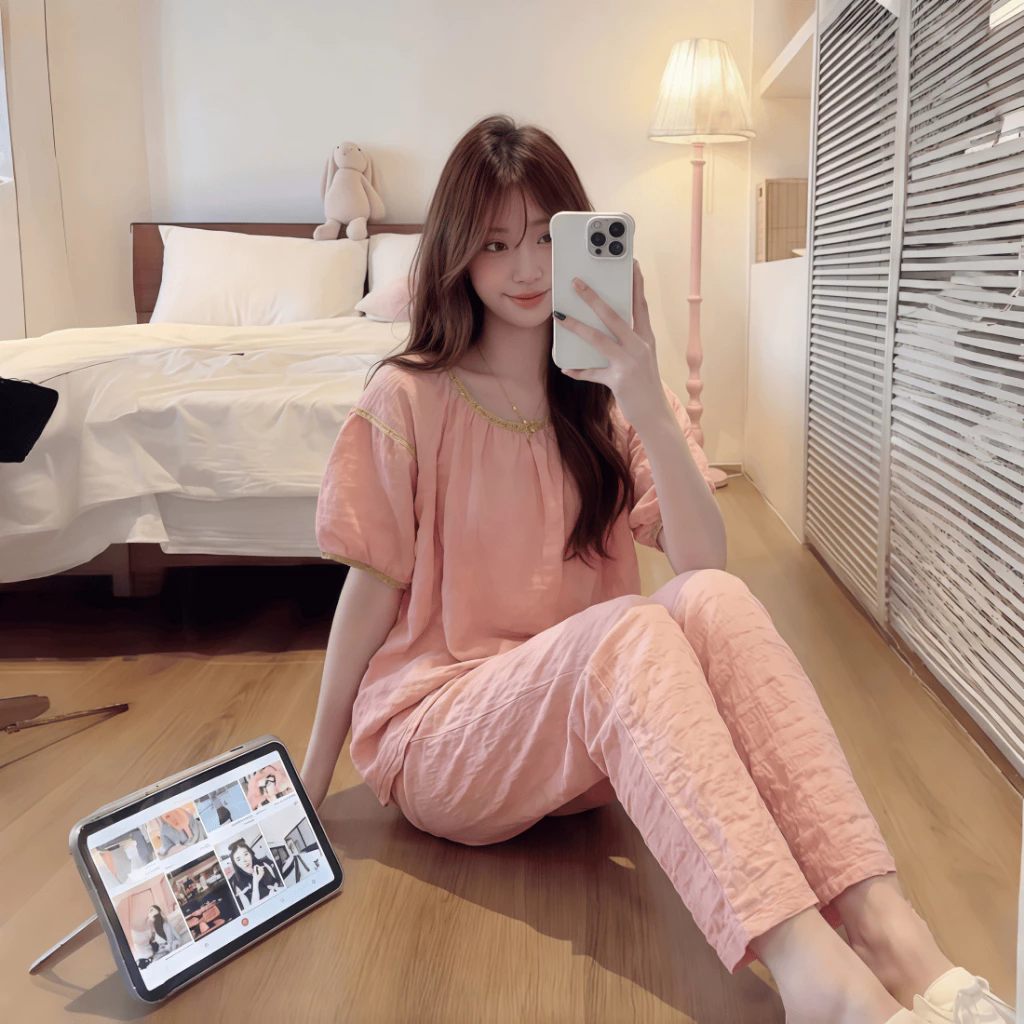 Bộ đồ ngủ nữ mới xuân hè 2026: Áo cổ tròn tay ngắn + quần đùi cotton mềm mại, màu hồng phong cách dễ thương, viền ren xinh xắn【mặc nhà hay đi chơi đều xinh – có size lớn】