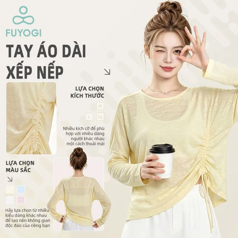 FUYOGI Dài Tay Thể Thao Top Nữ Bên Dây Rút Rời Nhanh Khô Chạy Thể Dục Nhẹ Thoáng Khí Che-Up