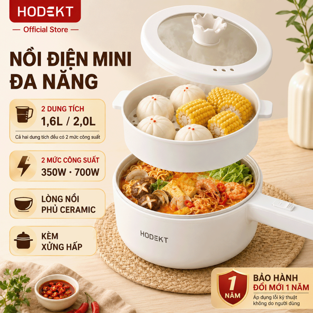 Nồi lẩu điện đa năng HODEKT 1.6L/2L Kèm Hấp Nồi Gia Dụng Chảo Chống Dính Chiên…