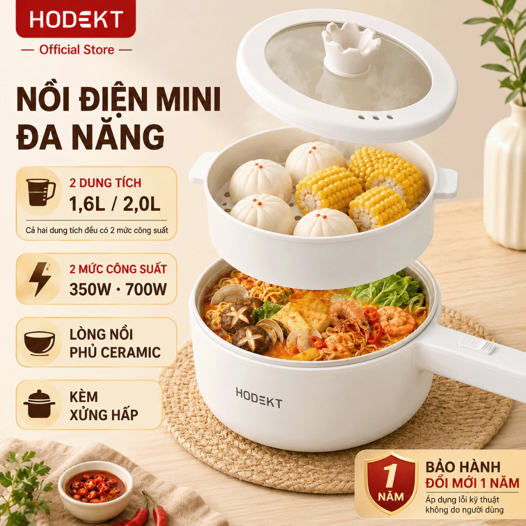 Nồi lẩu điện đa năng HODEKT 1.6L/2L  Kèm Hấp Nồi Gia Dụng Chảo Chống Dính Chiên Bảo hành 12 tháng