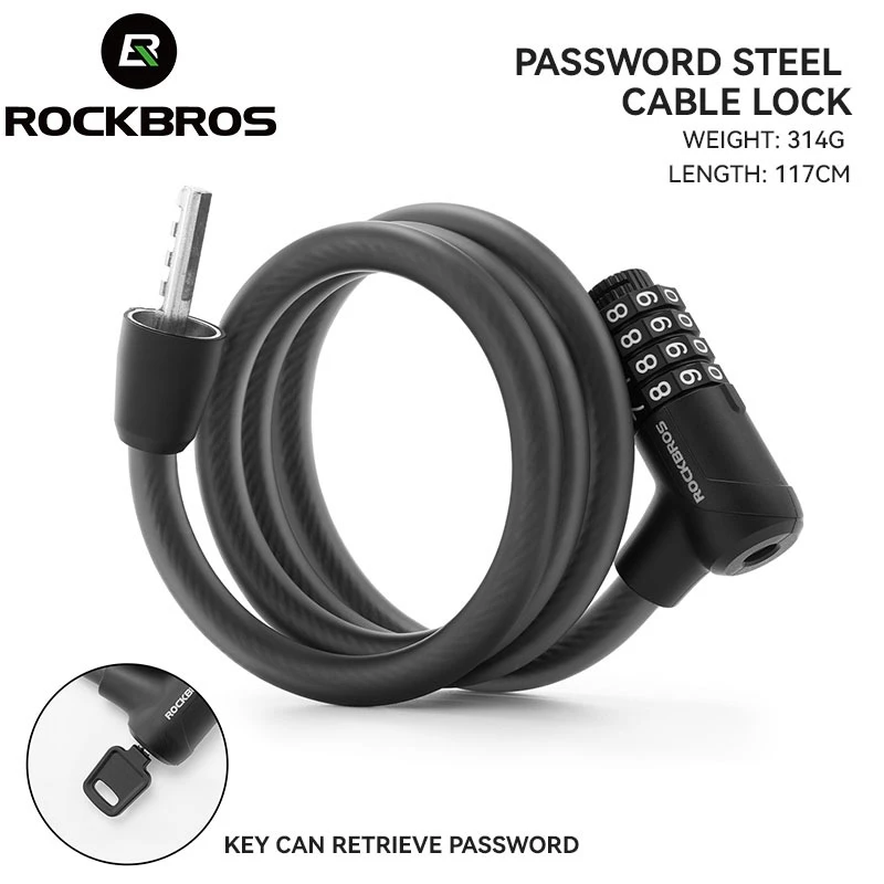 Khóa An Toàn Xe Đạp Mật Mã ROCKBROS Cáp Thép 12MM 117CM Chống Cắt Chống Nước Không Cần Chìa Cho Đường Bộ MTB Xe Gấp Xe Điện