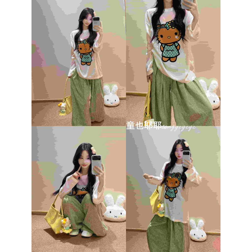 [Seeyou studio] Áo thun dài tay in hình hoạt hình Hello Kitty màu đen sành điệu mùa hè & Quần dài kẻ sọc lười Bộ trang phục hai mảnh 6439 + 6440