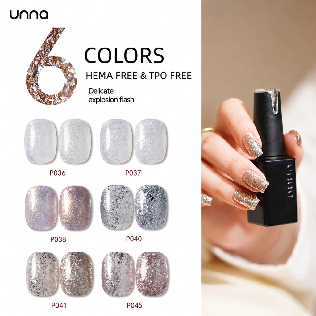 UNNA 36 Diamond Flash Gel Không TPO & HEMA Fluttering Flakes Jelly Gel Sơn móng tay Phong cách bông tuyết lấp lánh Gel móng tay trắng mịn lấp lánh màu hồng lấp lánh Móng tay nghệ thuật Varnish