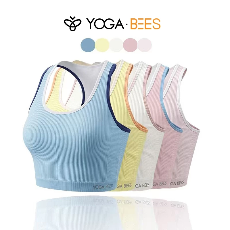 Áo ngực thể thao lưng YOGA BEES dành cho nữ có cổ chữ U sọc dọc, đệm có thể tháo rời, hỗ trợ vừa phải, áo tập yoga ngắn thoáng khí, 5 màu