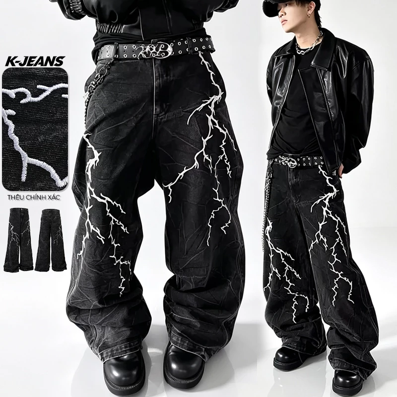 quần jean nam cao cấp baggy ống rộng siêu rộng wash vintage đen đậm hoa văn sét trắng thời trang streetwear hypebeast 90s casual daily đi chơi vải cotton co giãn mát mẻ bền màu may phối chỉ có túi lớn