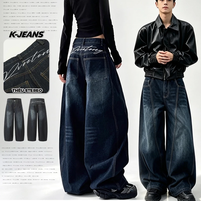 Quần jean nam baggy nữ ống rộng cong cạp cao Thêu Chữ Sau Lưng phong cách streetwear quần dài bò màu xanh đen cổ điển dad jean nam scimitar phiên bản loại quần