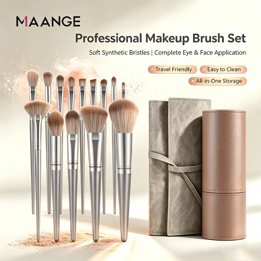 Set cọ trang điểm cá nhân MAANGE 14 cây màu xám bạc có bao da 1414