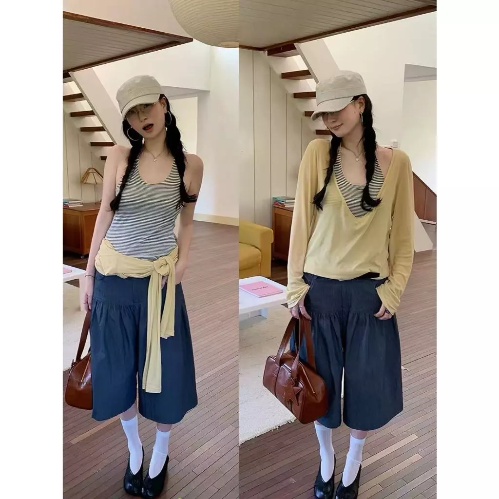 [Seeyou studio] Áo hai mảnh sọc tối giản phong cách Hàn Quốc, áo sơ mi dài tay mỏng thoáng khí cho mùa hè6513