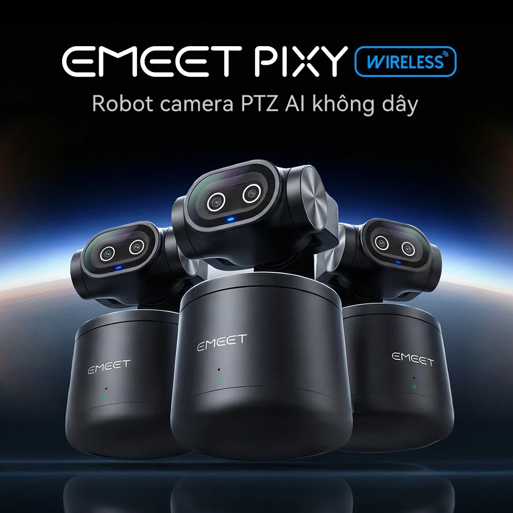[EMEET][Bao gồm chân máy]Camera không dây EMEET Pixy, độ phân giải cao 4K Ultra HD HDR, gimbal PTZ để chụp tầm xa, lấy nét tự động, theo dõi tự động AI thông minh, kết nối và điều khiển trực tiếp qua điện thoại di động,