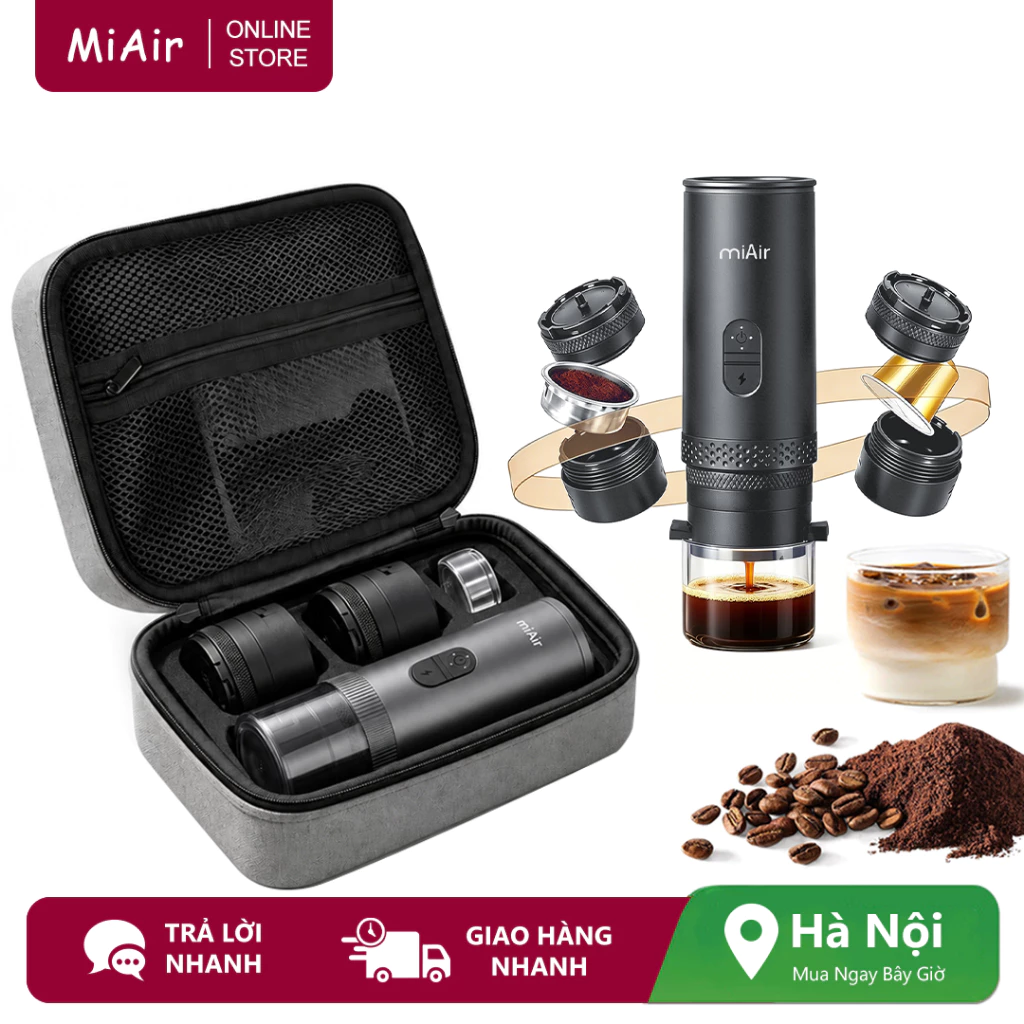 Máy pha cà phê Espresso sưởi ấm hiệu quả Miair, Bộ máy pha cà phê di động ngoài trời có túi đựng, Bột xay viên nang 2 trong 1 20Bar (Đen)