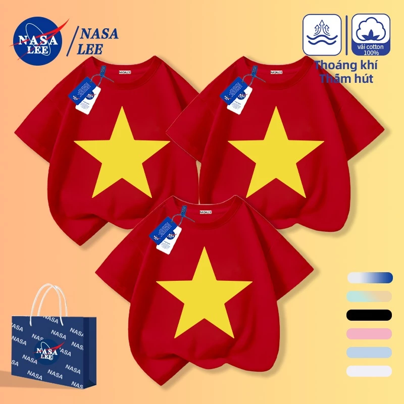 [Giao hàng trong ngày] Màu đỏ đơn giản Họa tiết ngôi sao năm cánh bằng vải Cotton ngắn tay dành cho cha mẹ và con cái Áo thun nửa tay cho trẻ em-