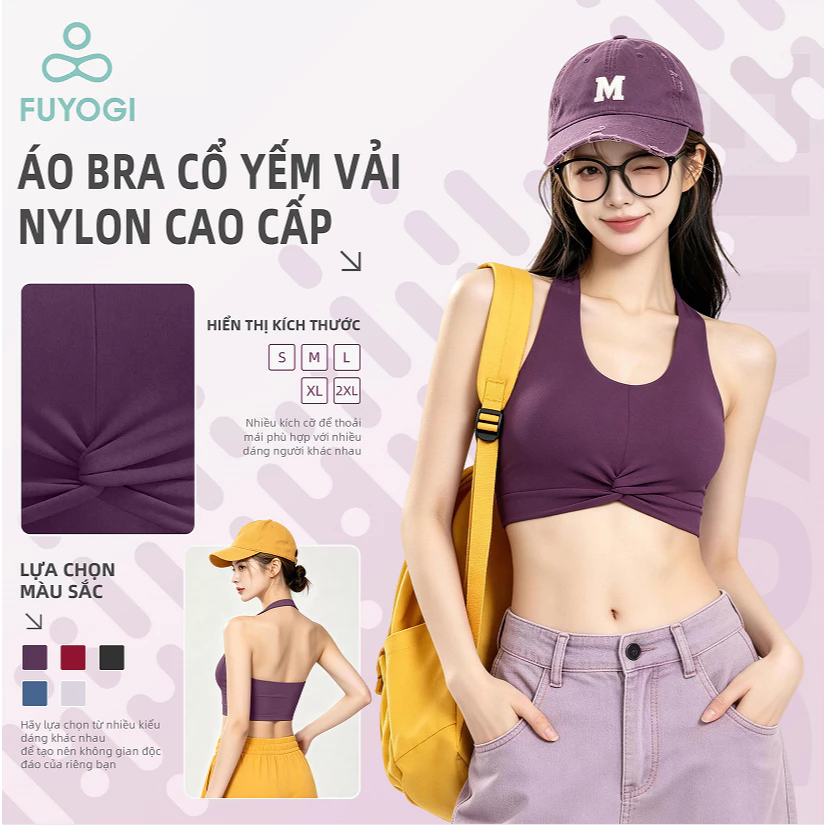 FUYOGI Twist Halter Yoga Tank Top Co Giãn Nhanh Khô Tích Hợp Áo Ngực Chạy Pilates Thể Thao Top
