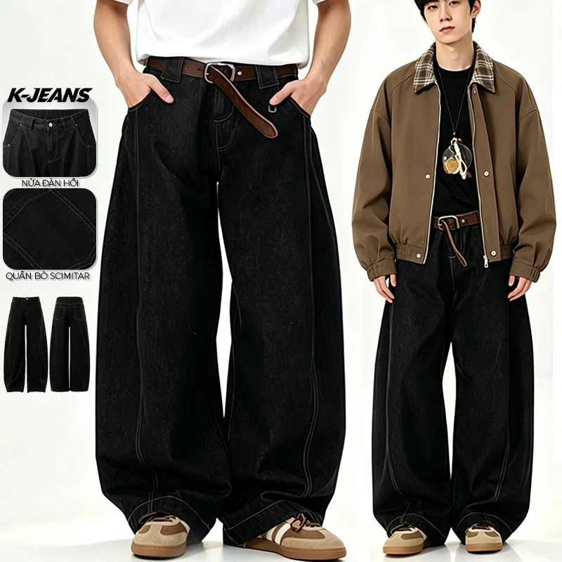 K-JEANS Quần jeans nam form rộng Quần nữ đen ống loe phong cách American retro may phối chỉ bò ống suông dễ mặc Quần baggyjeans unisex basic phong cách Hàn Quốc