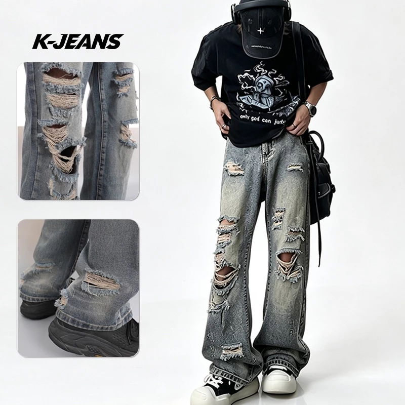 K-JEANS Quần jean nam ống rộng rách gối xuông unisex quần ống đứng jean xanh nhạt mùa hè ống suông baggy Cao Cấp retro vải rộng hàn quốc thời trang vibe boy phố hottrend