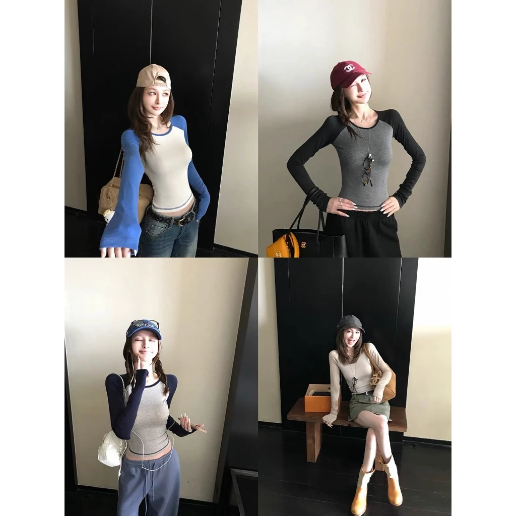 [Seeyou studio] Áo thun tay Raglan khối màu cổ điển, Áo đa năng thông thường tối giản cho mùa hè6612