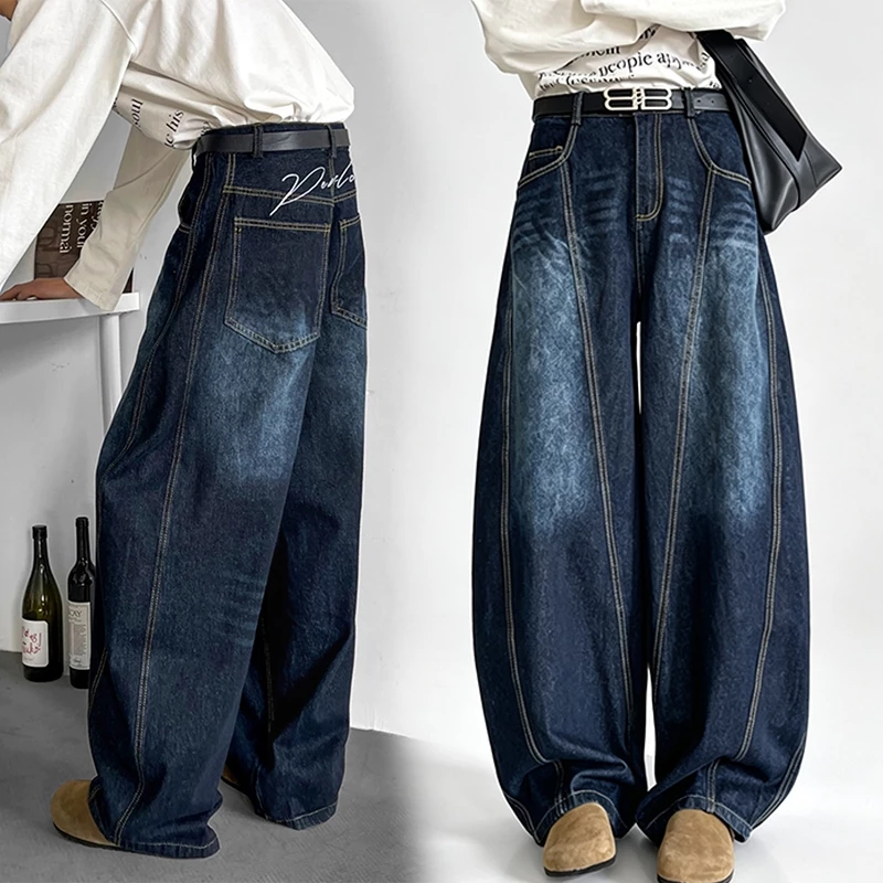 Nam Nữ Vintage Rửa Chân Rộng Quần Jean Lưng Chữ Thêu Cao Cấp Baggy Chuối Denim Quần