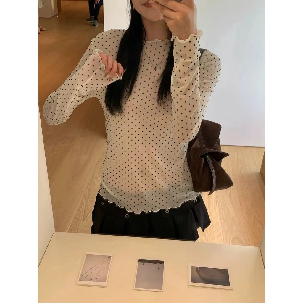 [Seeyou studio] Áo thun chấm bi đơn giản Hàn Quốc cho mùa thu, cổ tròn có còng dành cho nữ thanh lịch Slim Fit Basic Top6624