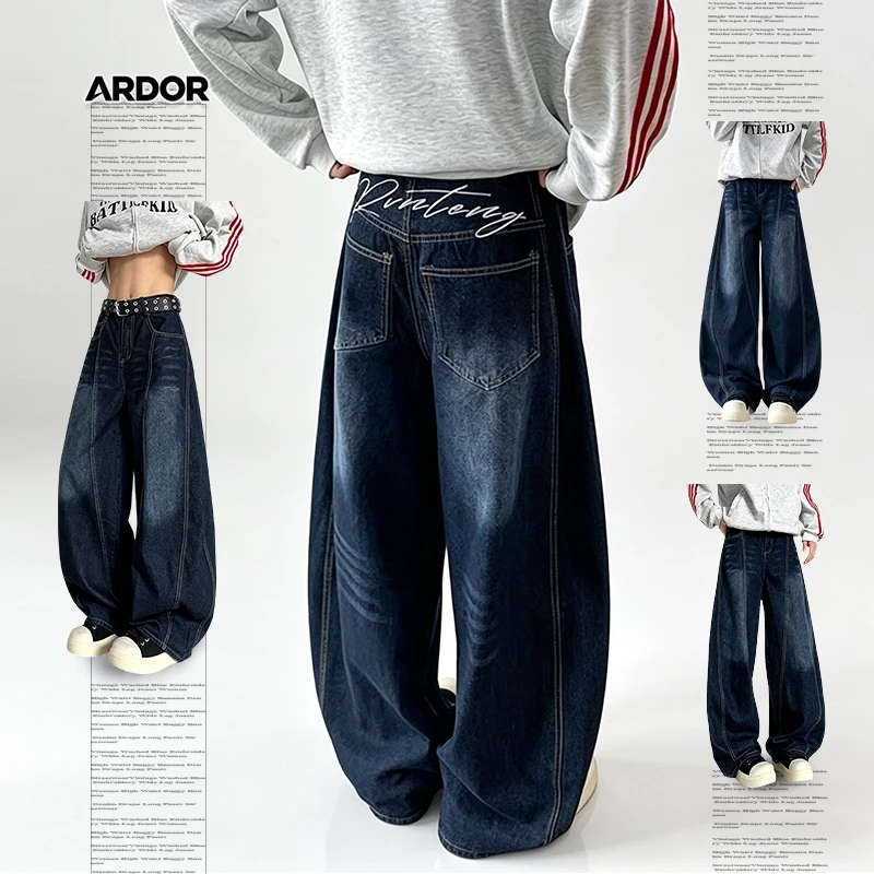 ARDOR Quần Jean Baggy Nam Nữ Ống Rộng Cao Cổ Form Rộng Phối Thêu Xanh Đậm Chất Liệu Denim Cao Cấp Thời Trang Cổ Điển Retro Unisex Quần Ống Đứng Rộng Phong Cách Ống Cong Mặc Thường Ngày Đi Học Đi Chơi