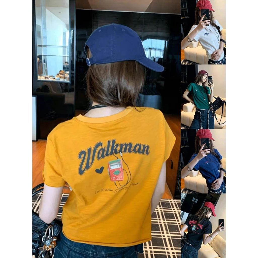 ViViApparel Nữ Mùa Hè Mới Về Mỹ Retro Thư Giãn Phù Hợp Với In Hình Cổ Tròn Áo Thun Tay Ngắn