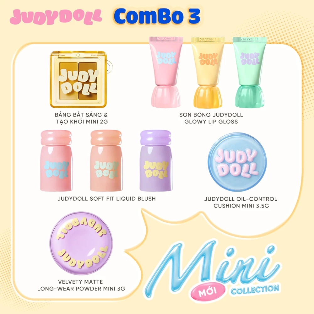 [Combo 3] JUDYDOLL Mini Collection: Tạo Khối Mini & Cushion Kiềm Dầu & Phấn Phủ & Son Lip Gloss & Má Hồng