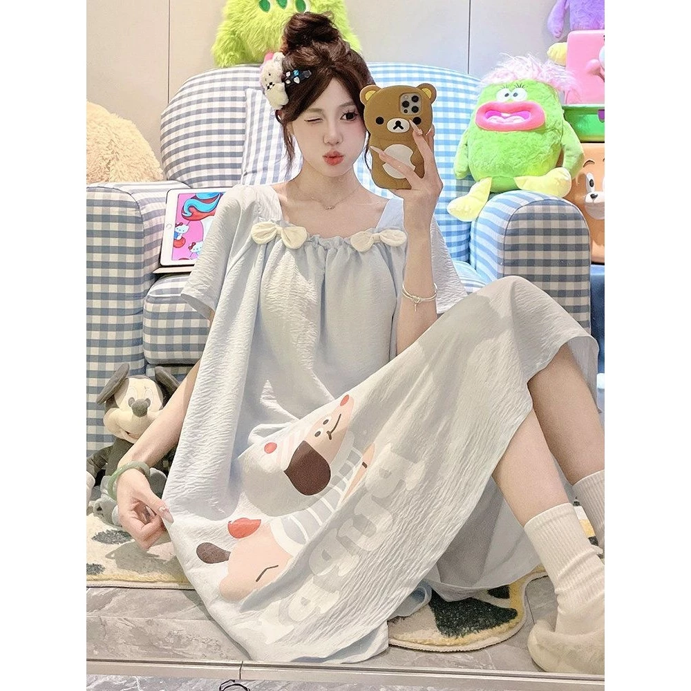 Váy ngủ ngắn tay in hình chó hoạt hình dành cho nữ ngọt ngào và mỏng có đệm ngực để mặc ở nhà