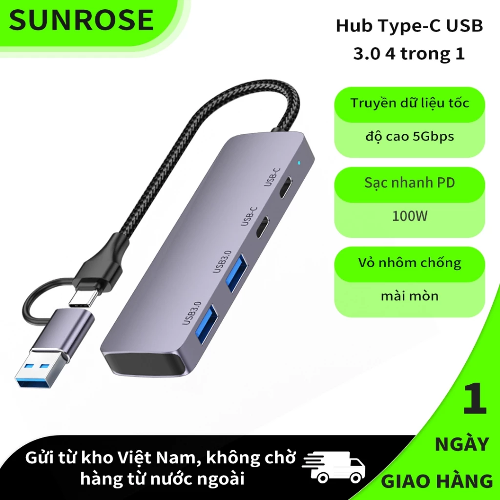 SUNROSE Hub 4 cổng USB 3.0 / Type-C, Bộ chuyển đổi giao diện 2 trong 1, Hộp số nhanh 5Gbps, Sạc PD 100W, Vỏ hợp kim nhôm chắc chắn, Không cần trình điều khiển, Cắm & Chạy, cho máy tính xách tay, Des