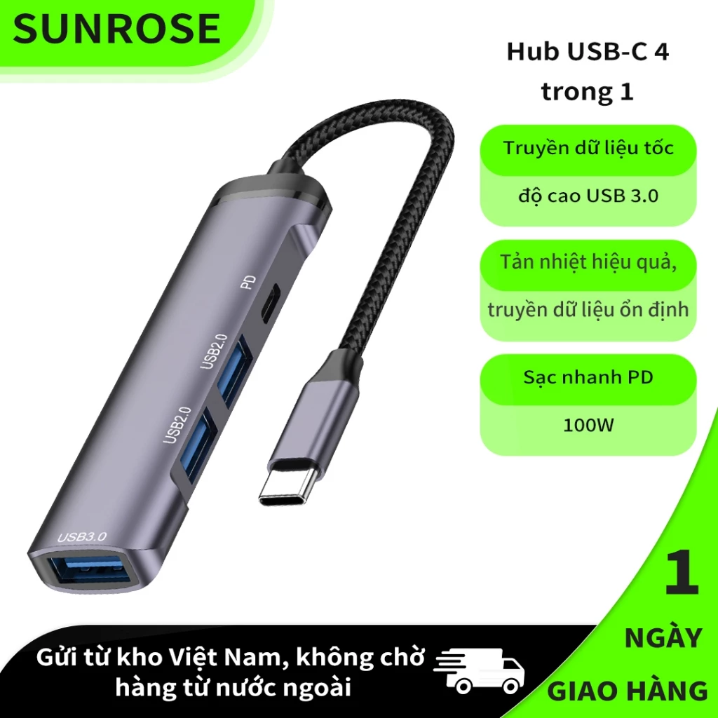 SUNROSE 4 trong 1 Type-C Docking Station USB 3.0 (5Gbps) + USB kép 2.0 + 100W PD Sạc nhanh Hợp kim nhôm nhỏ gọn Di động không có độ trễ Khả năng tương thích rộng cho Windows / Mac / Linux
