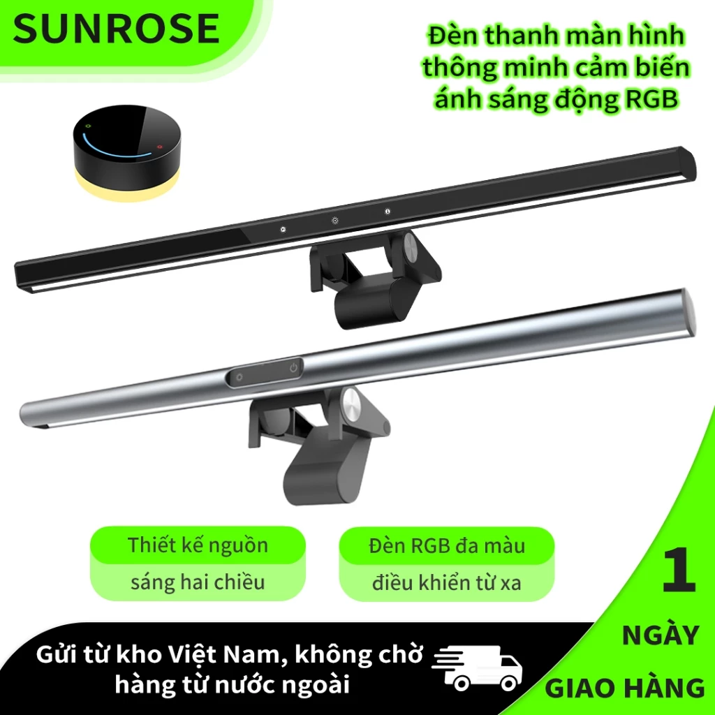 SUNROSE Thanh đèn màn hình RGB có đèn ngủ từ tính, Nhận cảm giác âm thanh, 3 chế độ ánh sáng lấp đầy, CRI RA ≥ 90 cao, Đèn bất đối xứng chống chói, Điều khiển từ xa không dây, cho màn hình PC & Bedr
