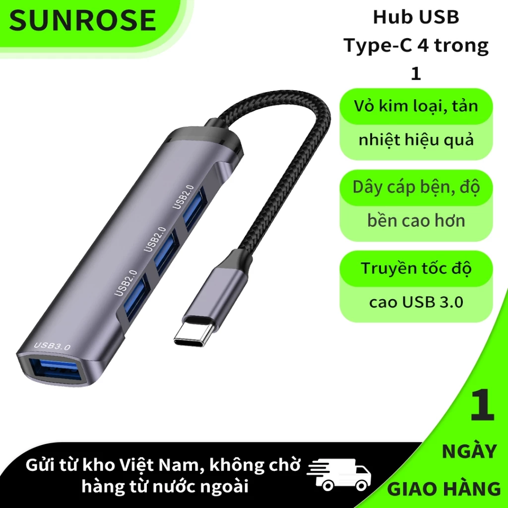 SUNROSE Type-C 4 cổng USB Hub, 1 USB 3.0 & 3 USB 2.0, Truyền dữ liệu tốc độ cao 5Gbps, Vỏ nhôm, Tương thích với Windows / Mac / Linux